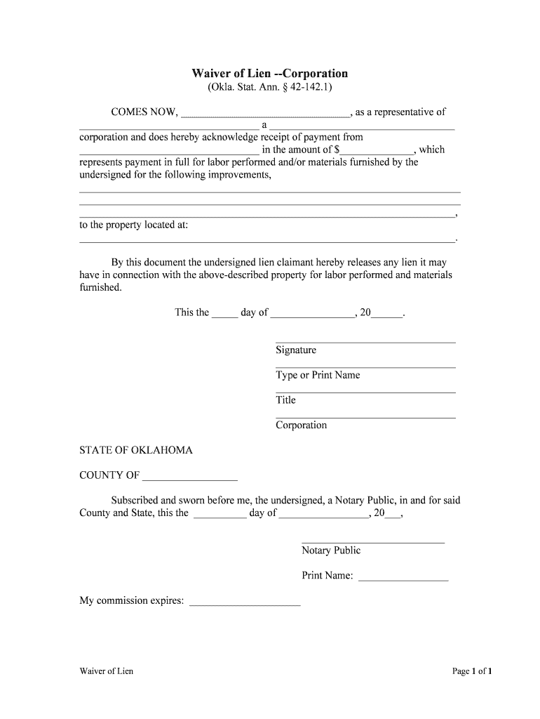 Waiver of Lien Corporation  Form
