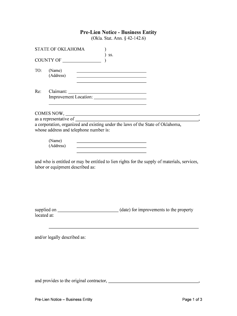 Pre Lien Notice Business Entity  Form