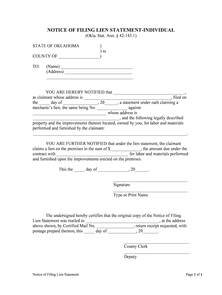 NOTICE of FILING LIEN STATEMENT INDIVIDUAL  Form