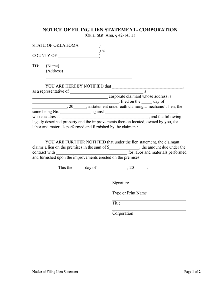 NOTICE of FILING LIEN STATEMENT CORPORATION  Form