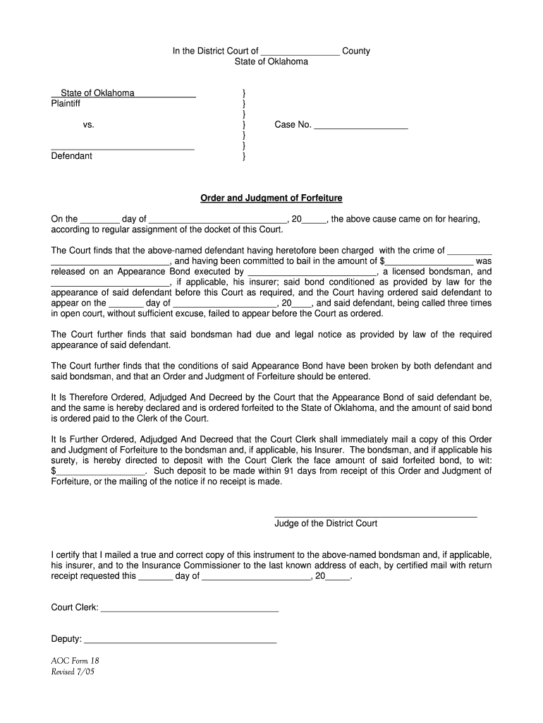 Order and Judgment of Forfeiture  Form