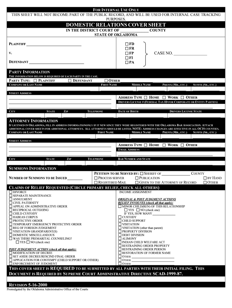 Domestic Relations Cover Sheet Oklahoma Fill Online  Form