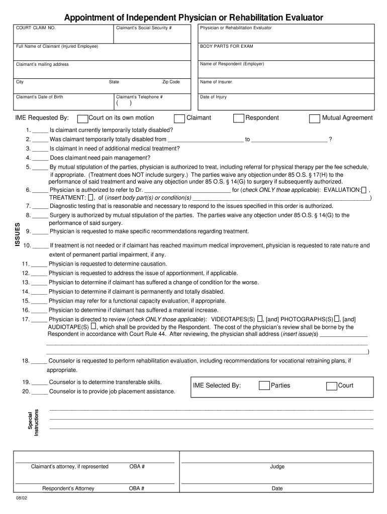 Form Appt of Ind Phy or Rehab Eval