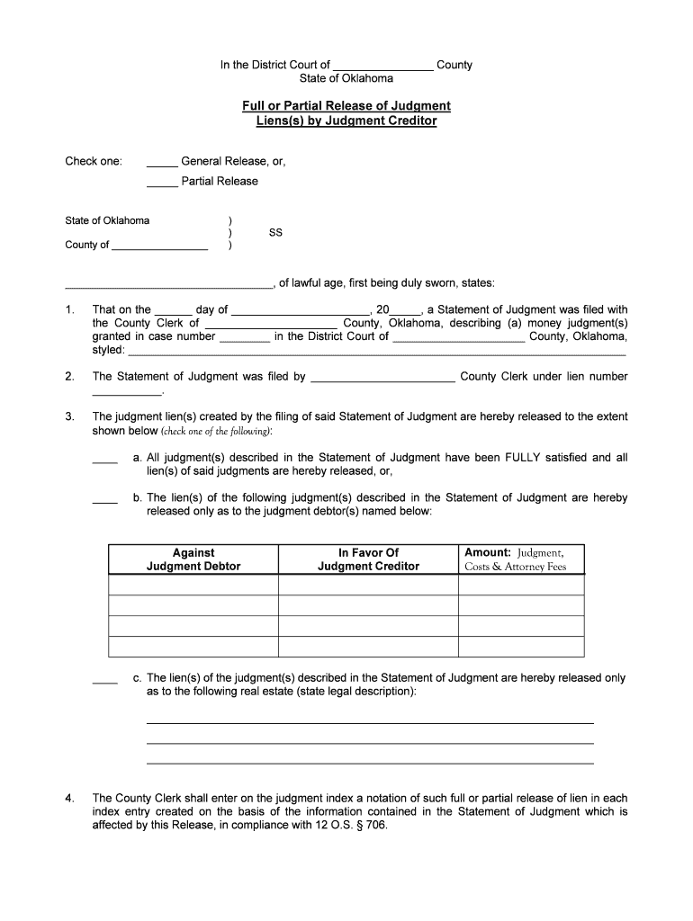 Full or Partial Release of Judgment Liens by Judgment  Form