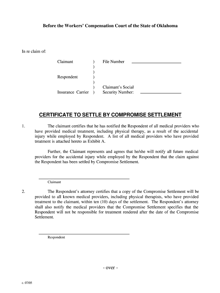 Certificate to Settle by Compromise Settlement New 07 05 Pub  Form