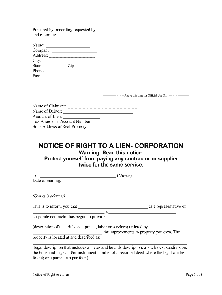 NOTICE of RIGHT to a LIEN INDIVIDUAL  Form