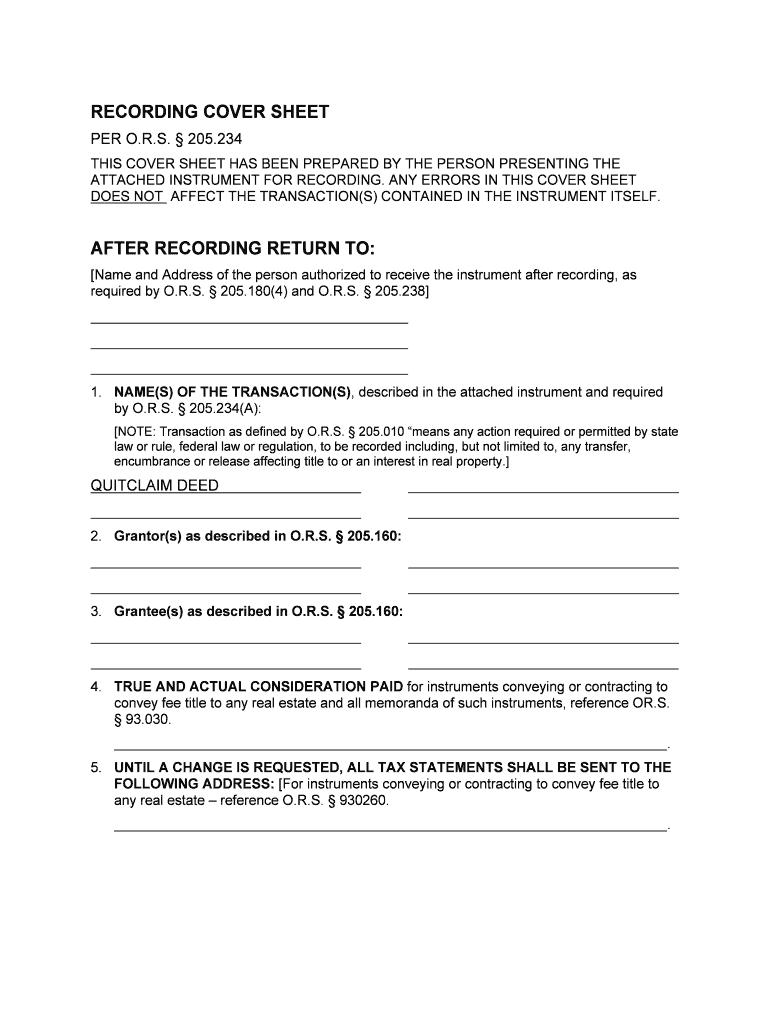 RECORDING COVER PAGE PLEASE FILL OUT Jackson County, Oregon  Form