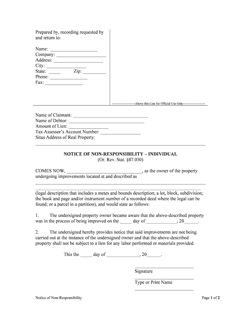NOTICE of NON RESPONSIBILITY INDIVIDUAL  Form