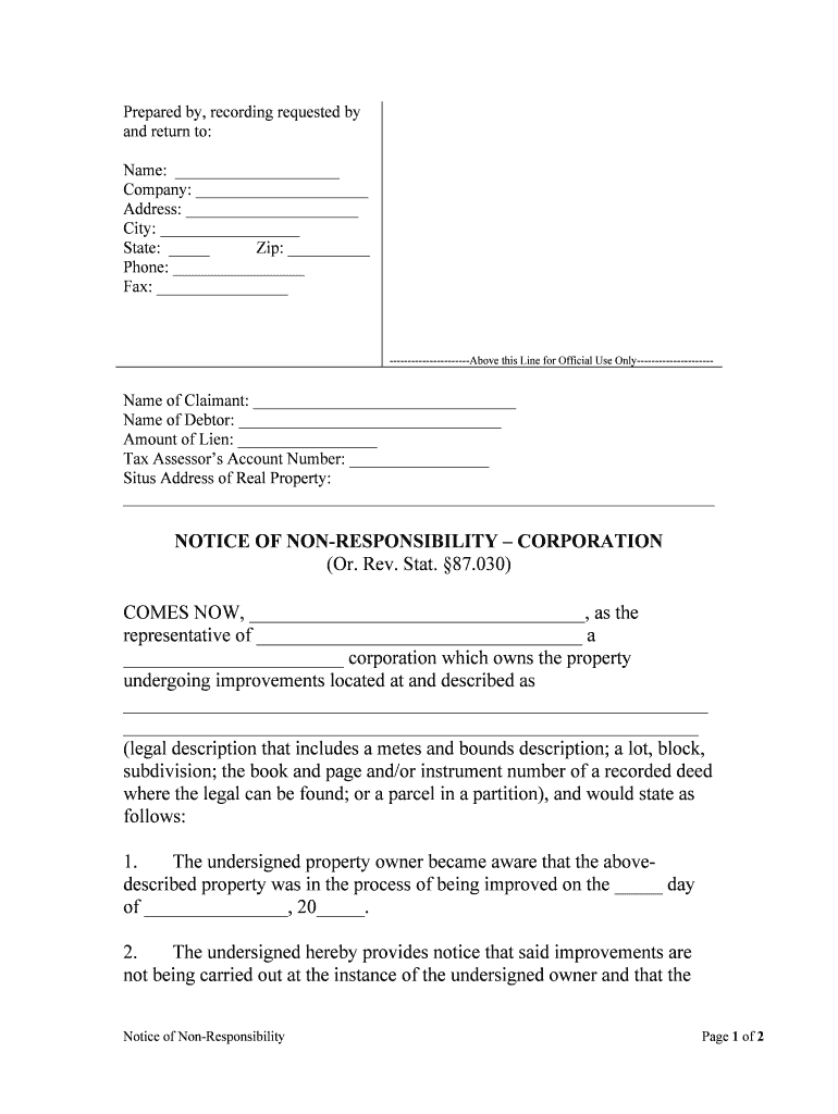 NOTICE of NON RESPONSIBILITYCORPORATION  Form