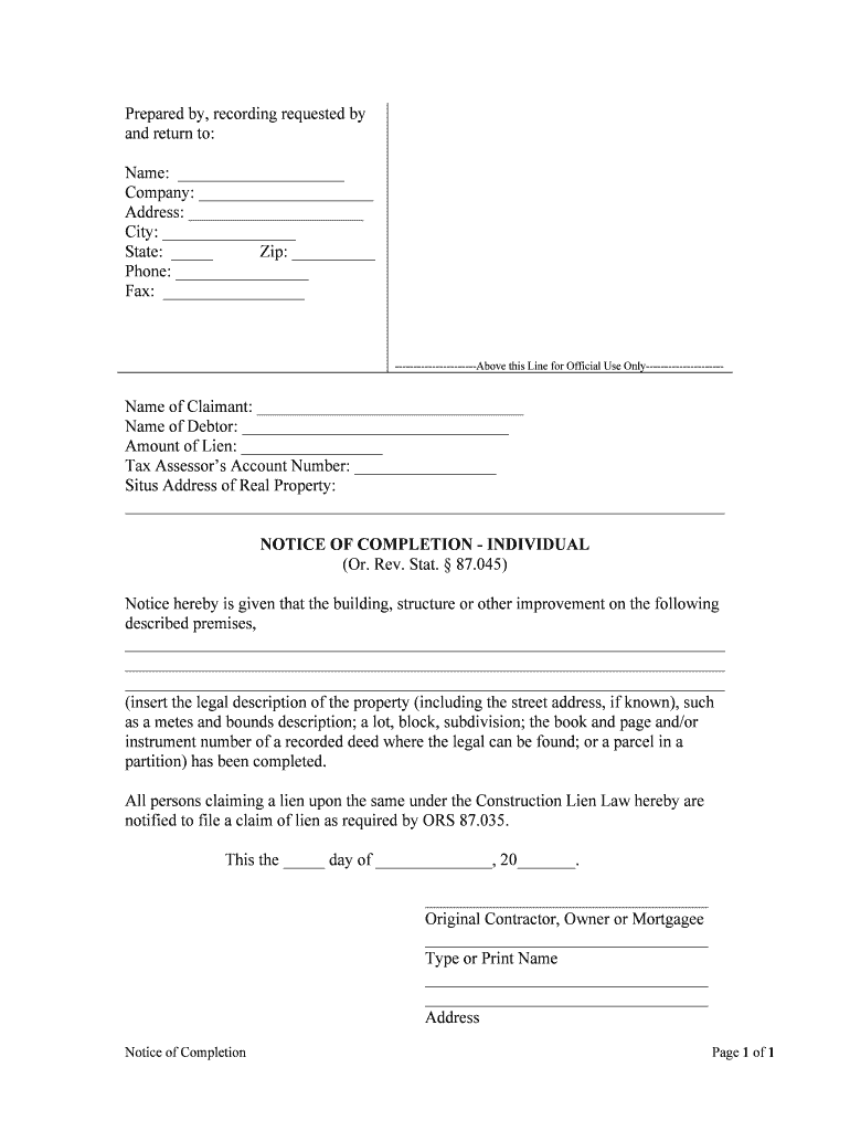 NOTICE of COMPLETION INDIVIDUAL  Form