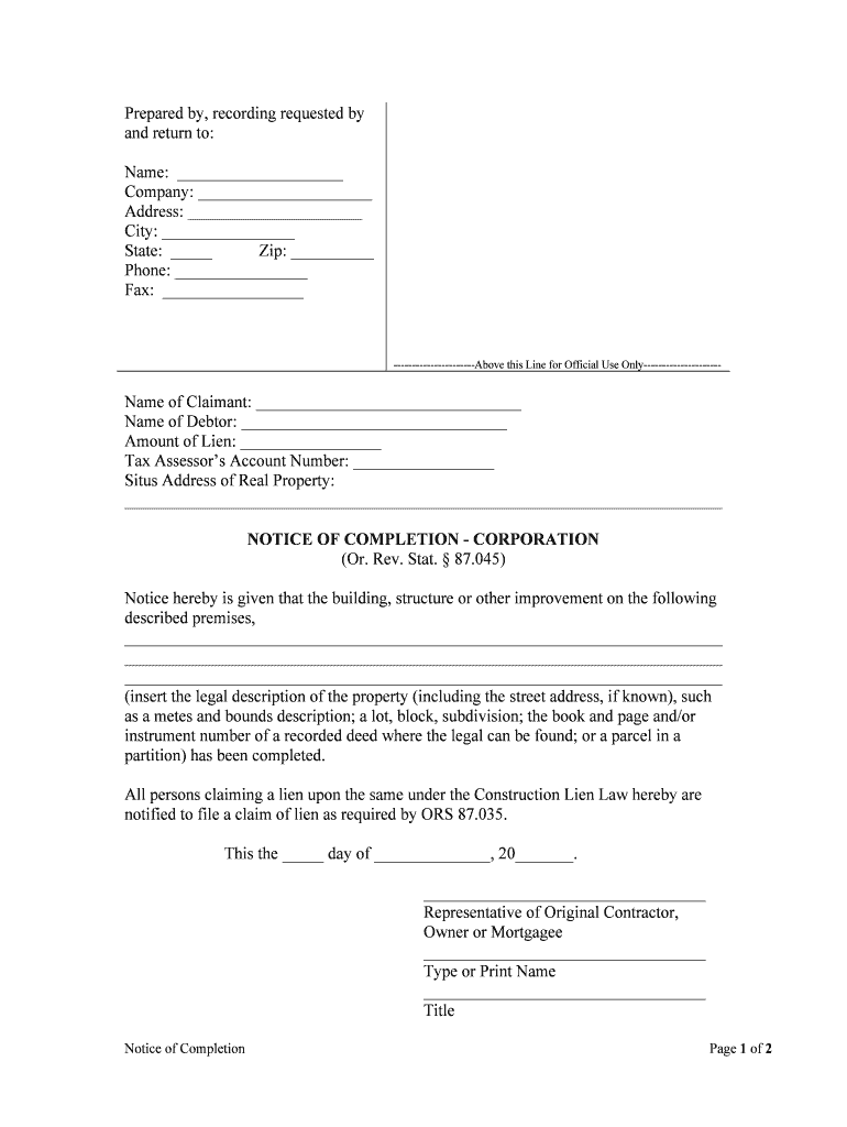 NOTICE of COMPLETION CORPORATION  Form