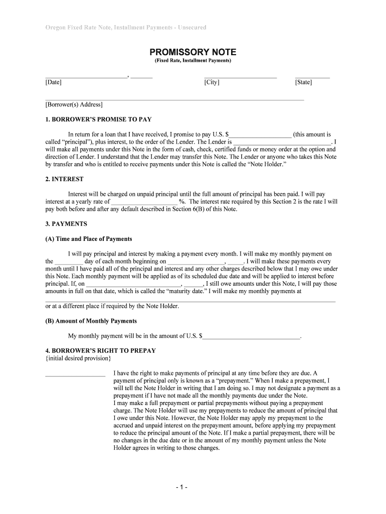 Fill and Sign the Oregon Fixed Rate Note Installment Payments Unsecured Form