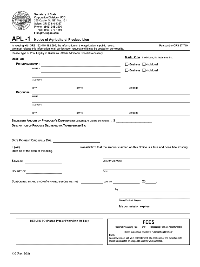 ASL 1 Notice of Claim of Agricultural Services Lien  Form