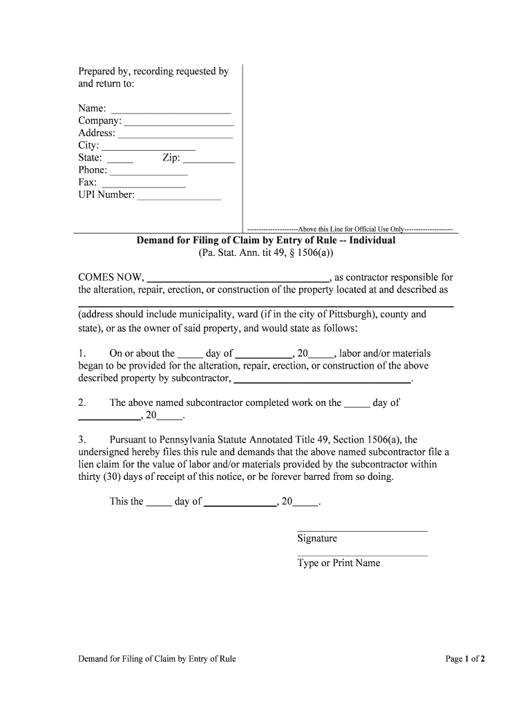 Demand for Filing of Claim by Entry of Rule Individual  Form