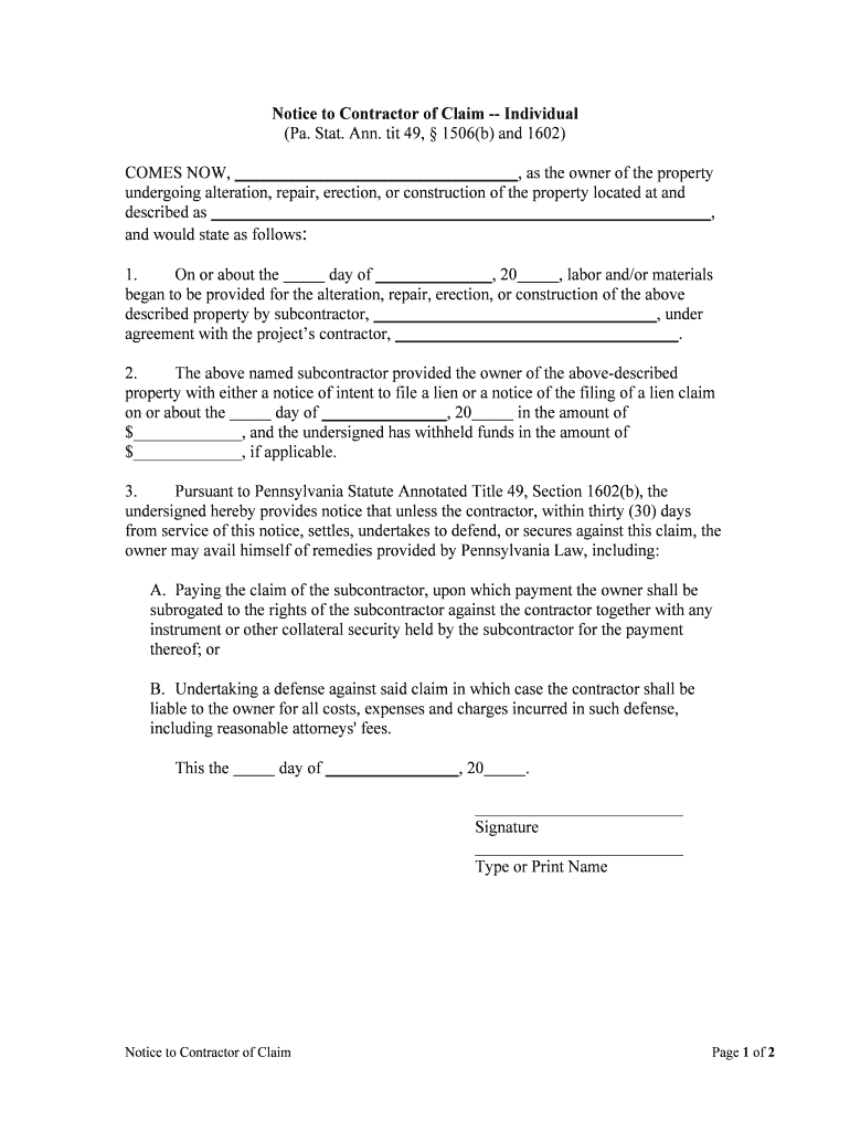 Pennsylvania Statutes Title 49 P S Mechanics' Liens1501  Form