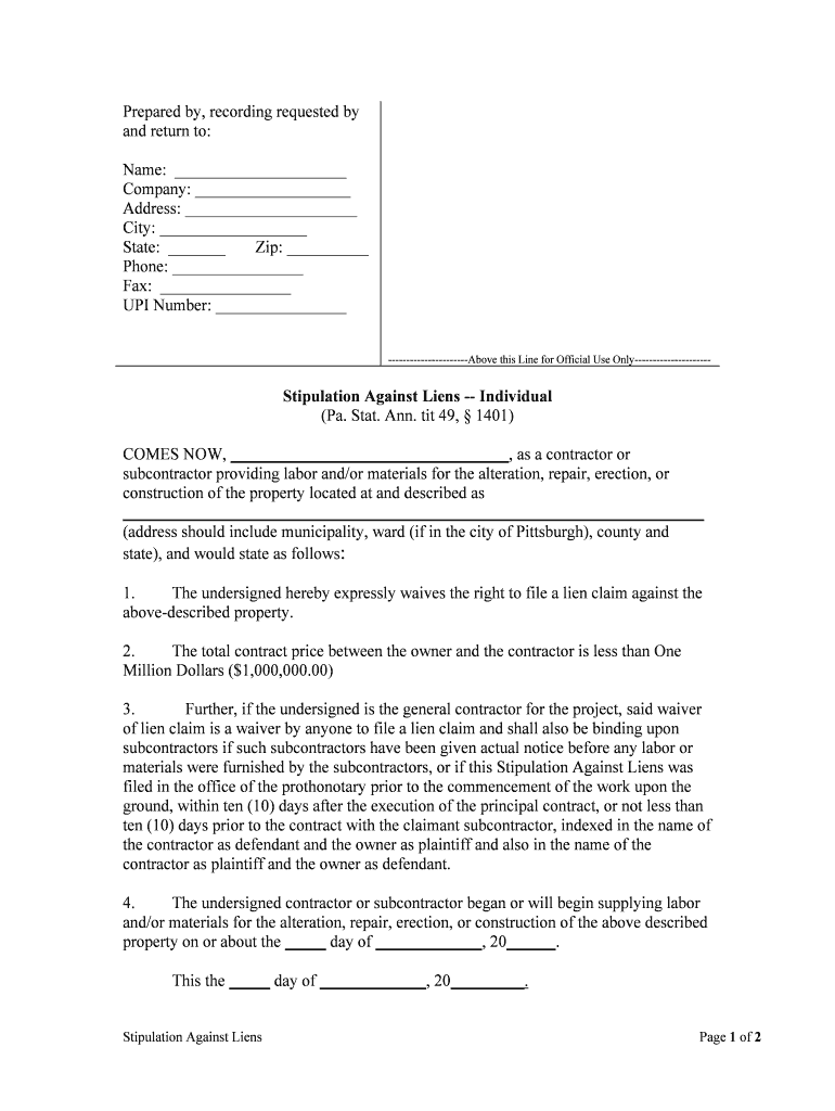 Stipulation Against Liens Individual  Form