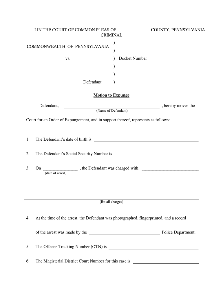 Petition for Expungement Pursuant to PA R Crim P 9122b  Form