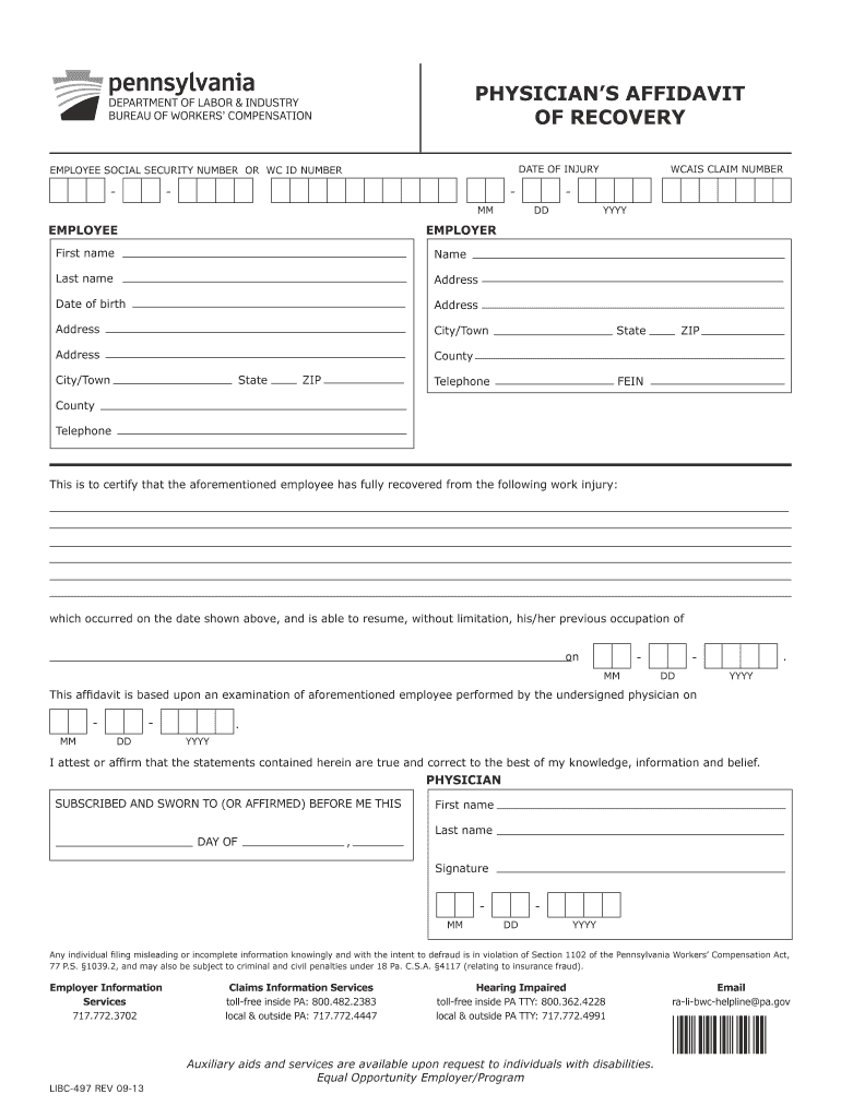 Physician's Affidavit of Recovery PADepartment of Labor  Form