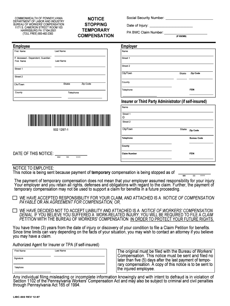 Notice of Change of Workers' Compensation Disability PA DLI  Form