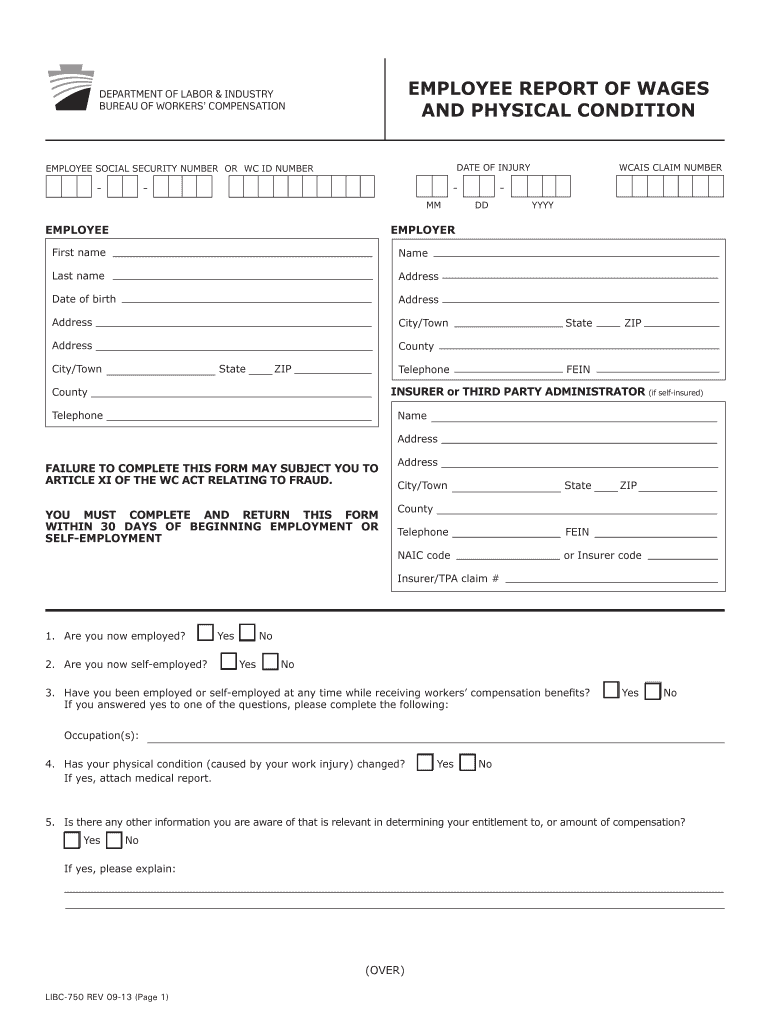 Employee Report of Wages and Physical Condition PA DLI  Form