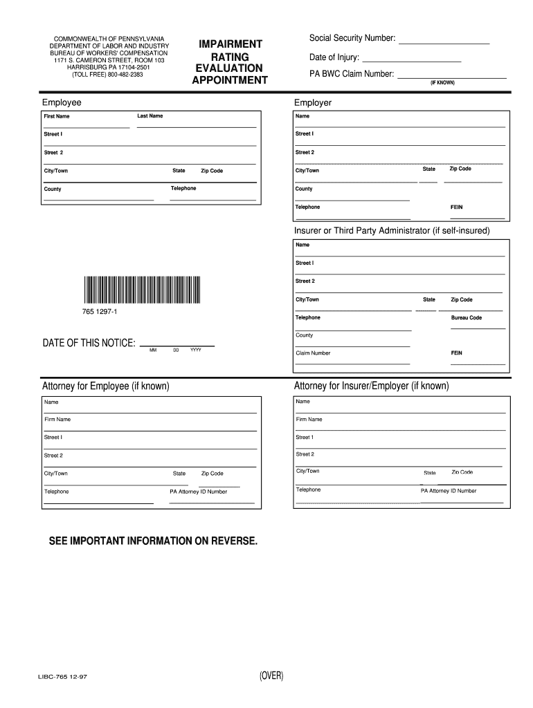 Impairment Rating Determination Face Sheet PADepartment  Form