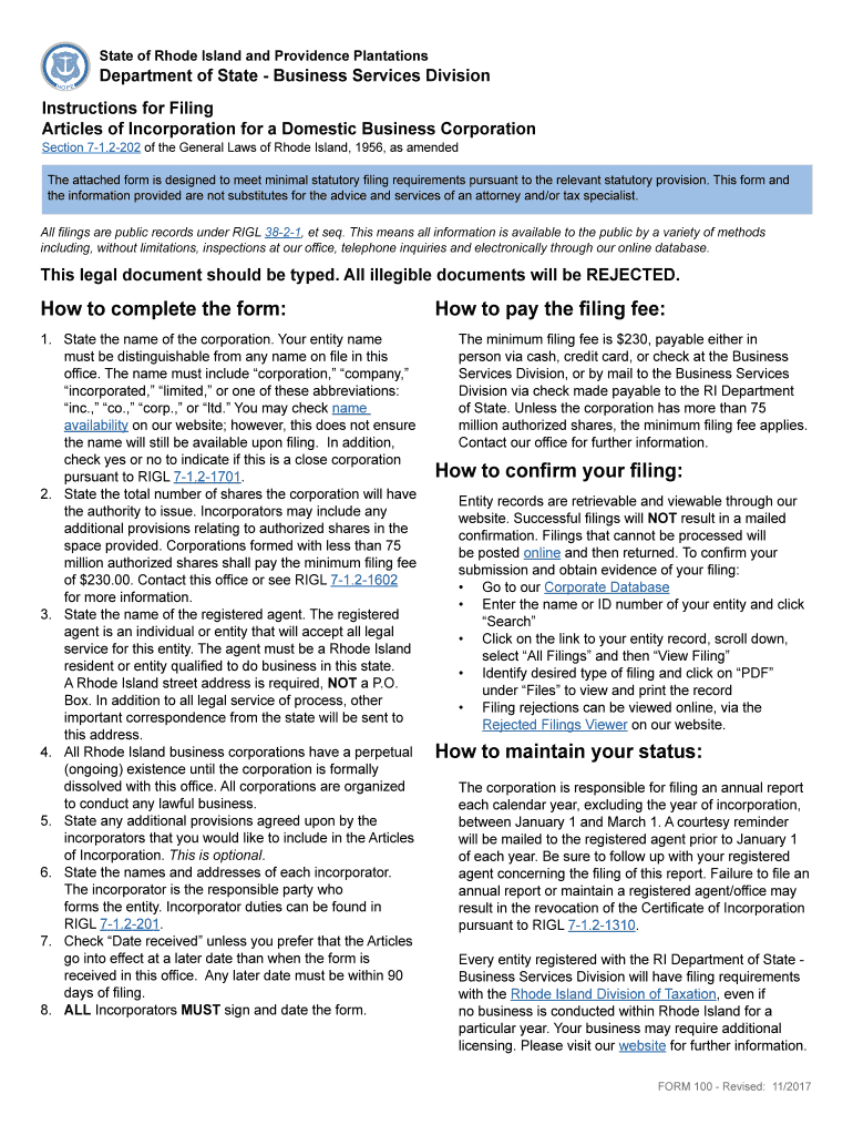 Articles of Incorporations Form 100 Rhode Island