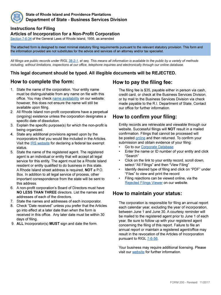 How to Pay the Filing Fee Rhode Island Department of State  Form