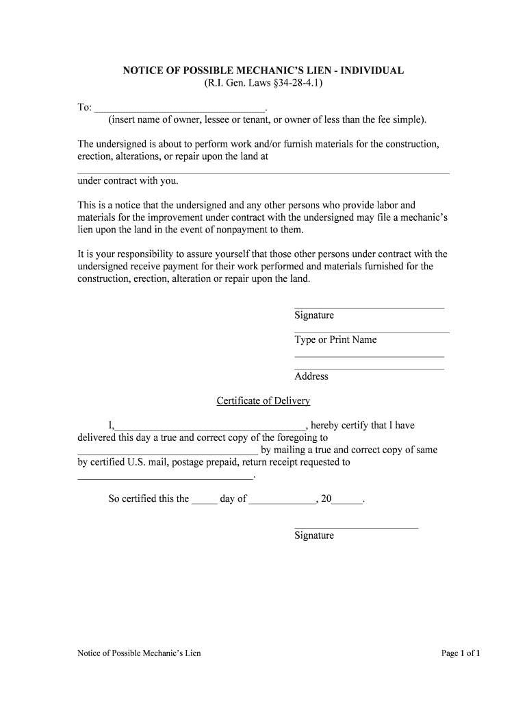 Mechanic's Lien Rights in Rhode Island National Law Review  Form
