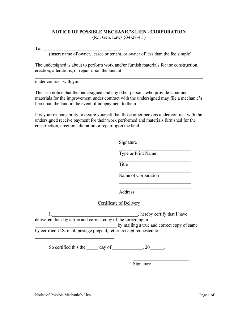 NOTICE of POSSIBLE MECHANICS LIEN CORPORATION  Form