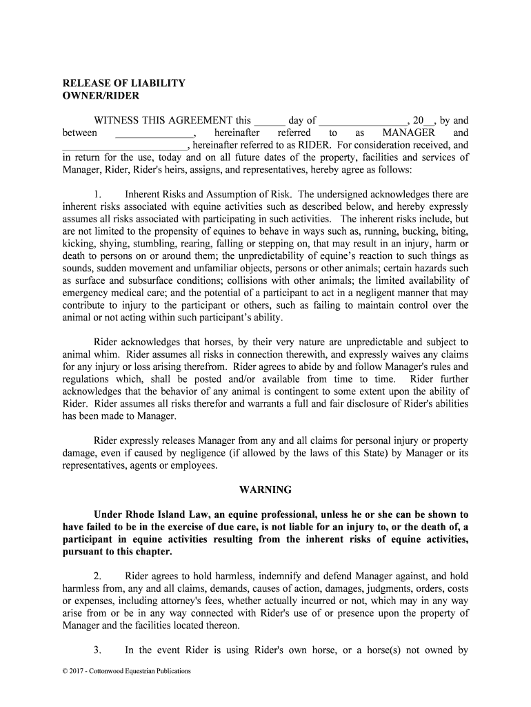 Under Rhode Island Law, an Equine Professional, unless He or She Can Be Shown to  Form