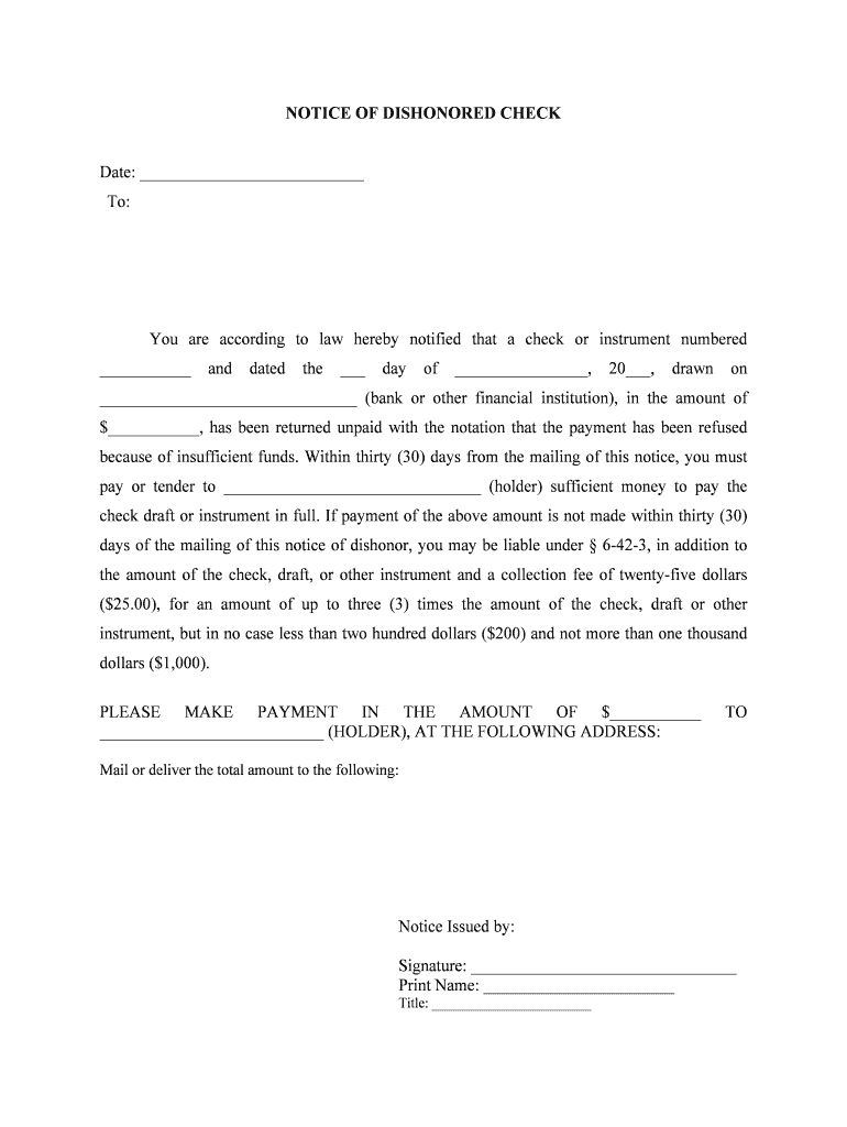 You Are According to Law Hereby Notified that a Check or Instrument Numbered  Form