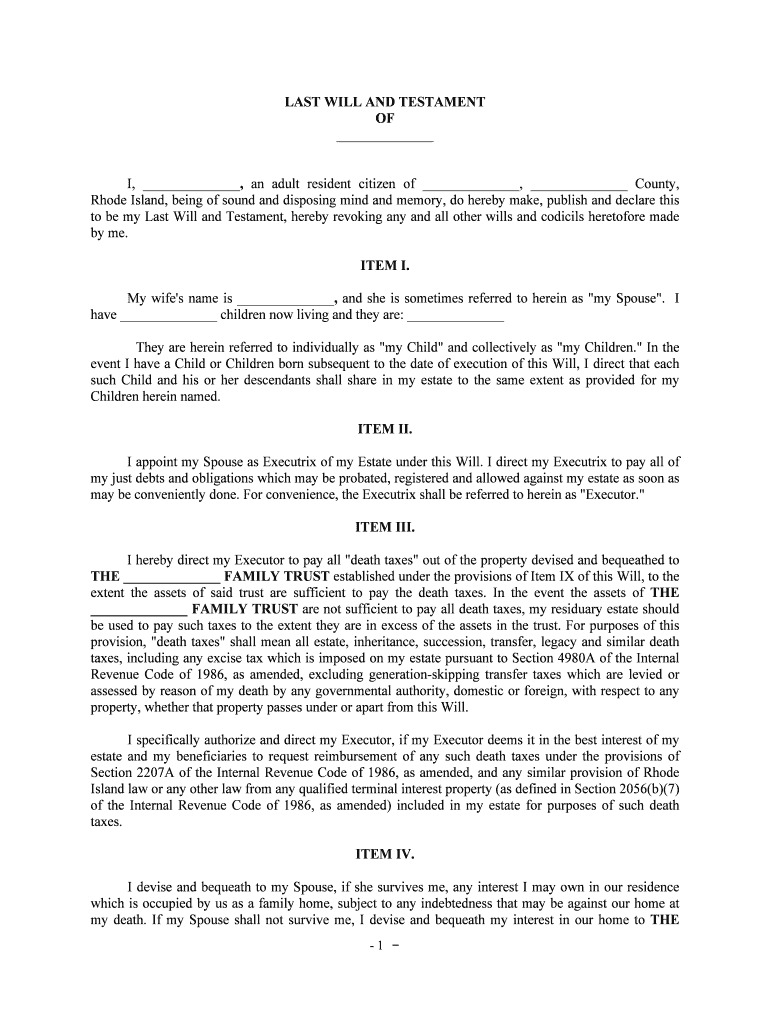 Rhode Island Last Will and Testament Single Adult WAdult  Form