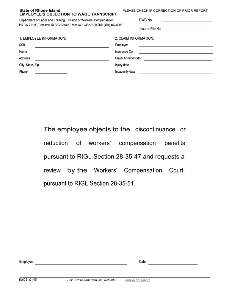 EMPLOYEE'S OBJECTION to WAGE TRANSCRIPT  Form