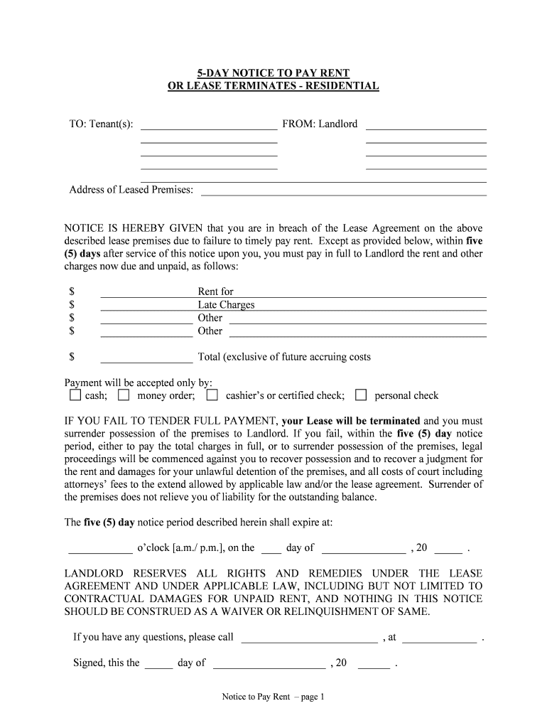 Delaware 5 Day Notice to Pay Rent or Lease Terminates  Form