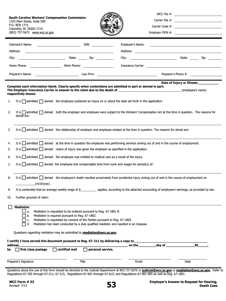 The Employer Insurance Carrier in Answer to the Claim Due to the Death of  Form