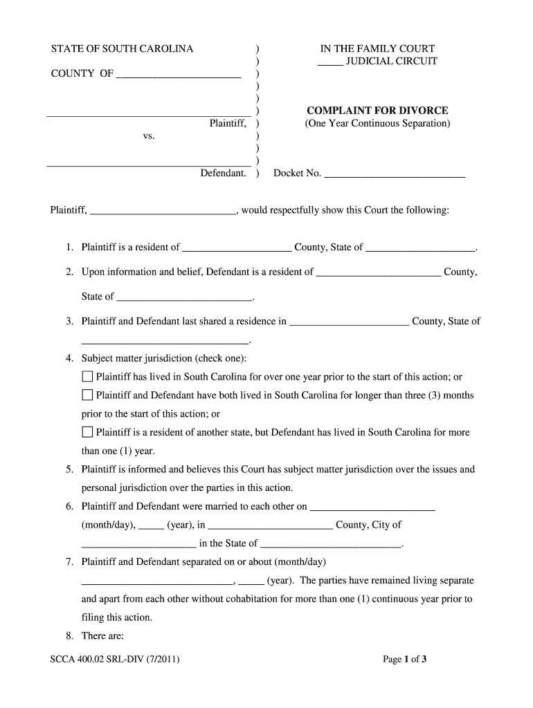 Divorce Forms Packet SC Judicial Branch