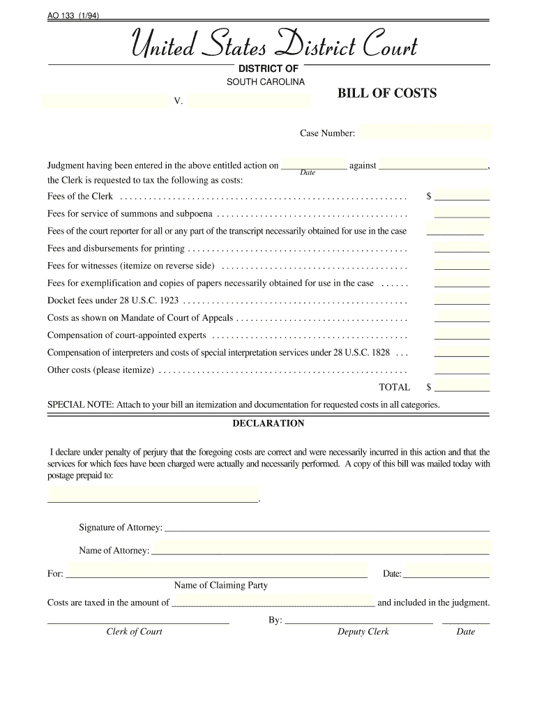 District of South Carolina Bill of Costs AO133, Rev 194  Form