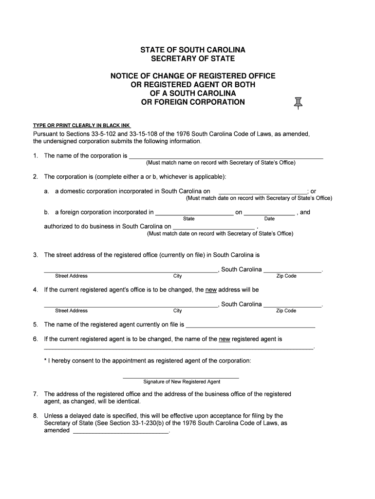 Resignation or Change of Registered Agent Change of  Form