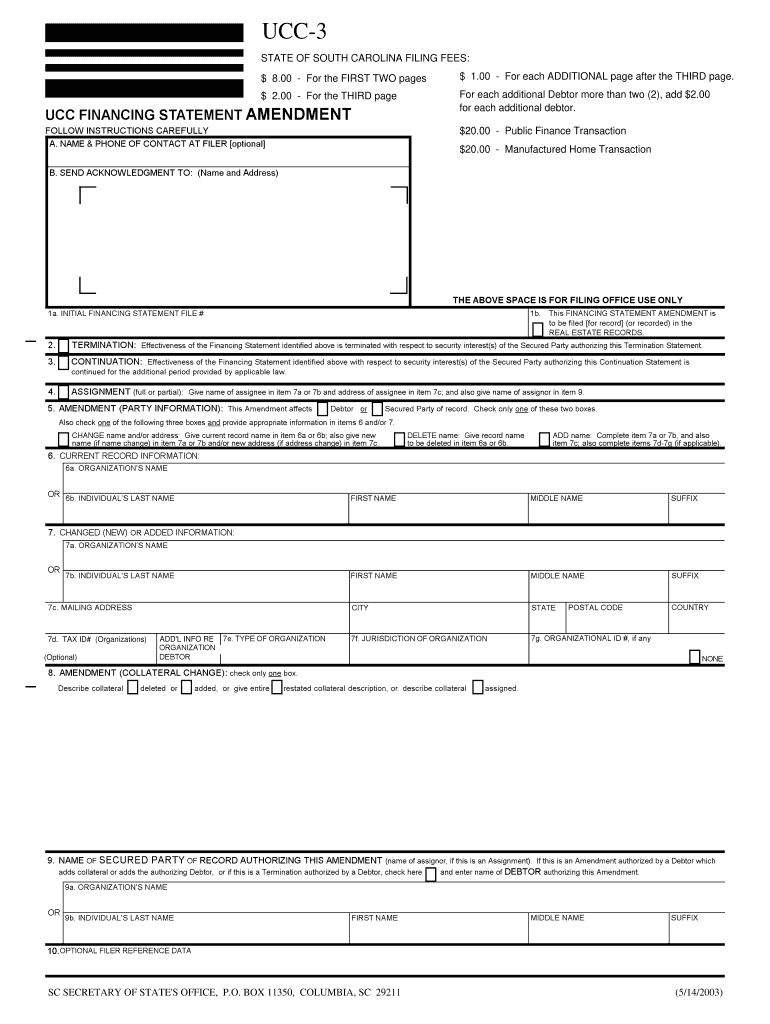 STATE of SOUTH CAROLINA FILING FEES  Form