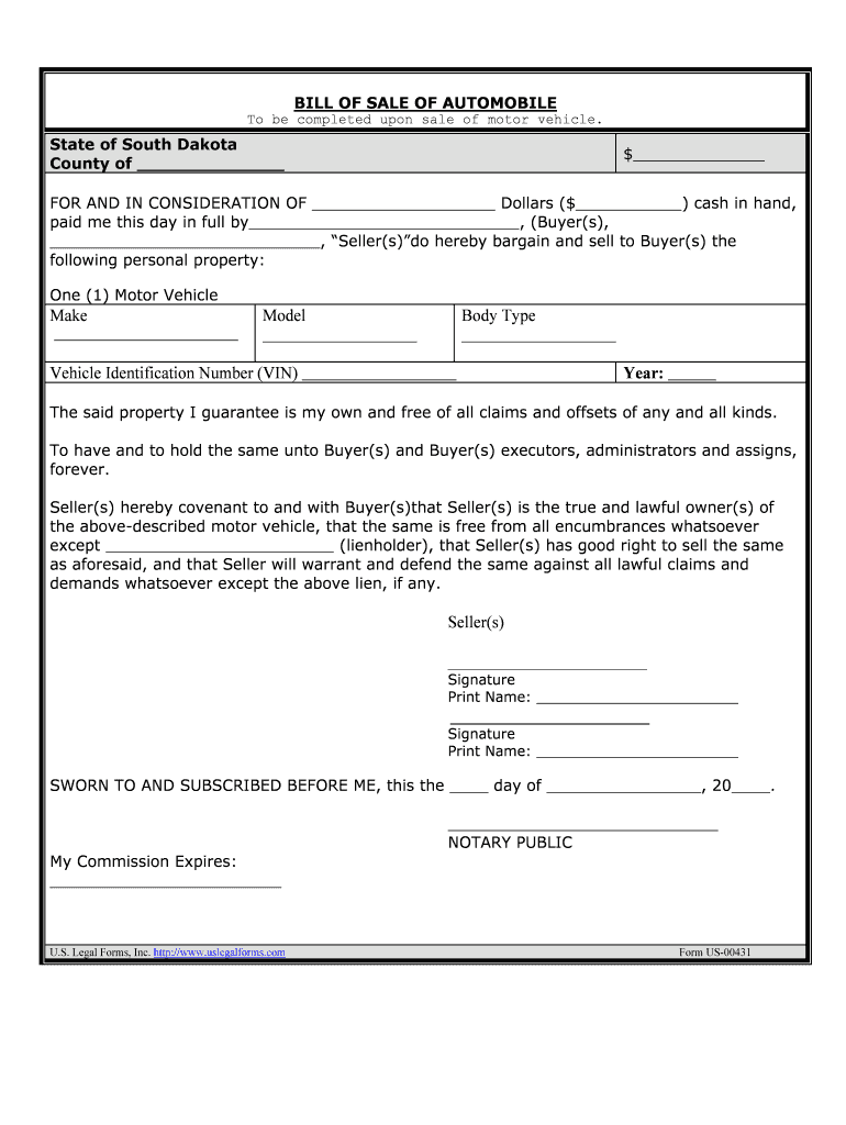 South Dakota Motor Vehicle Bill of Sale Form Templates