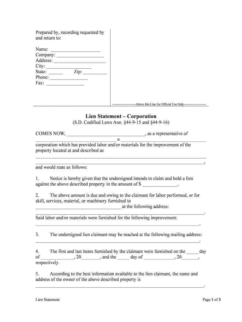 Lien Statement Corporation  Form