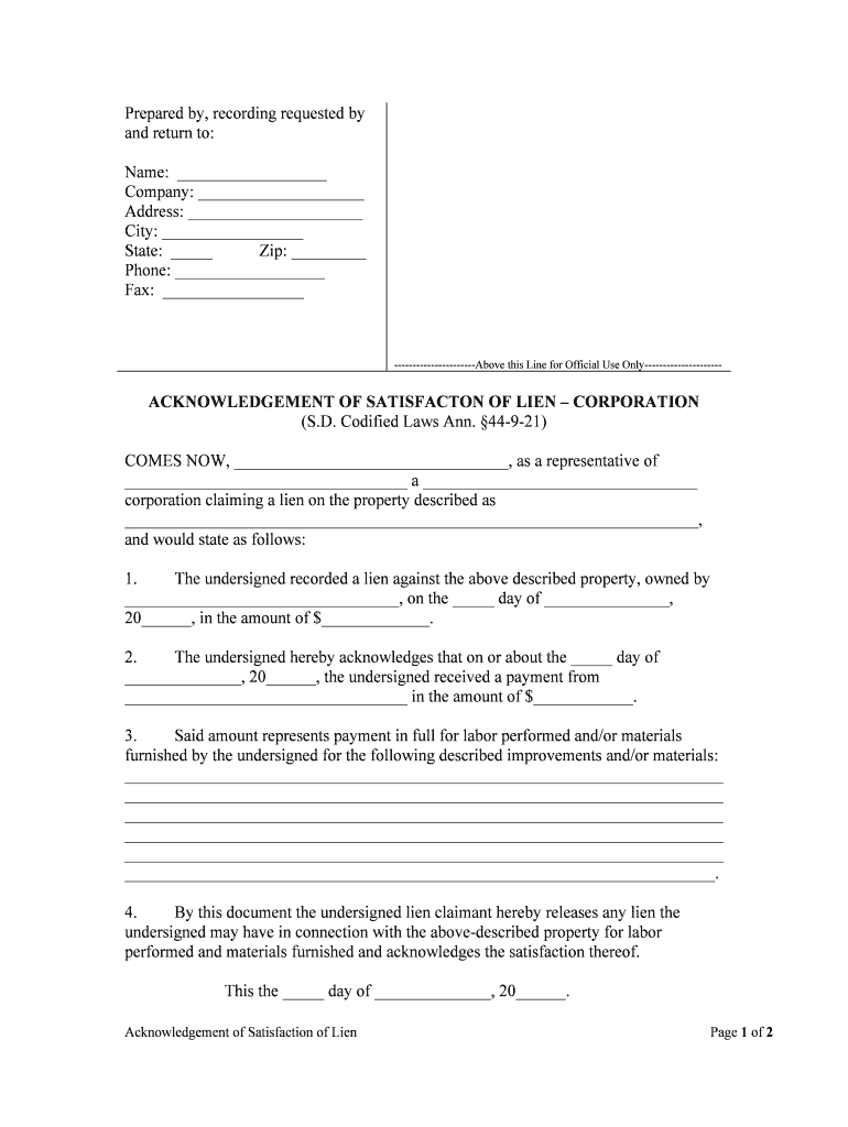 ACKNOWLEDGEMENT of SATISFACTON of LIEN CORPORATION  Form