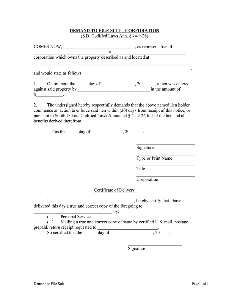 DEMAND to FILE SUIT CORPORATION  Form