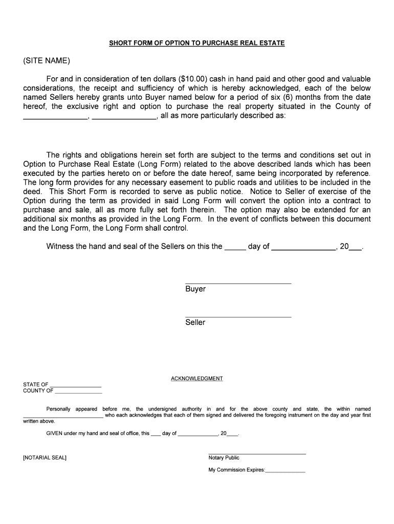 SHORT FORM of OPTION to PURCHASE REAL ESTATE