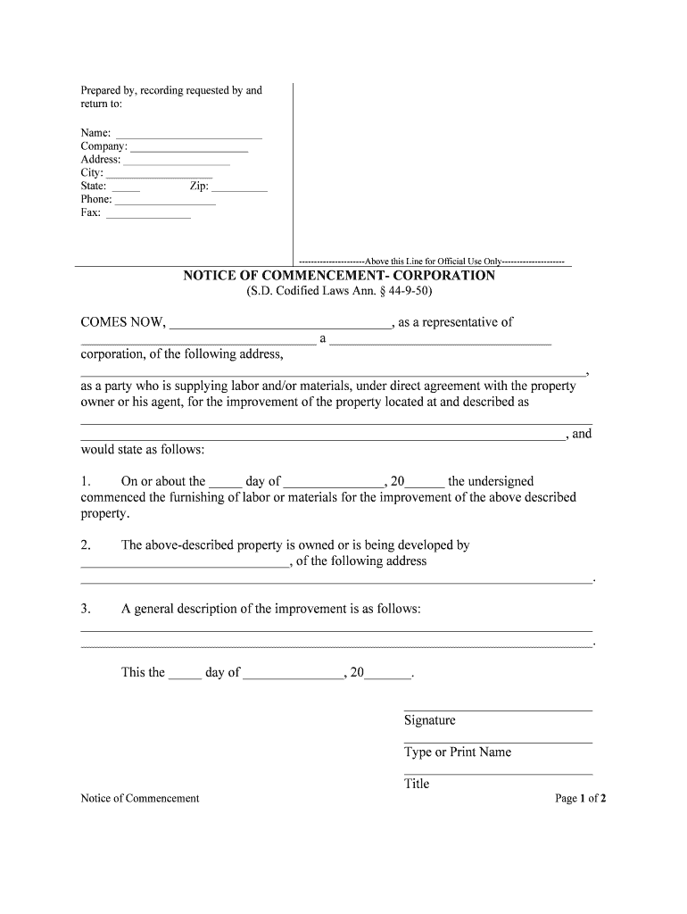 NOTICE of COMMENCEMENT CORPORATION  Form
