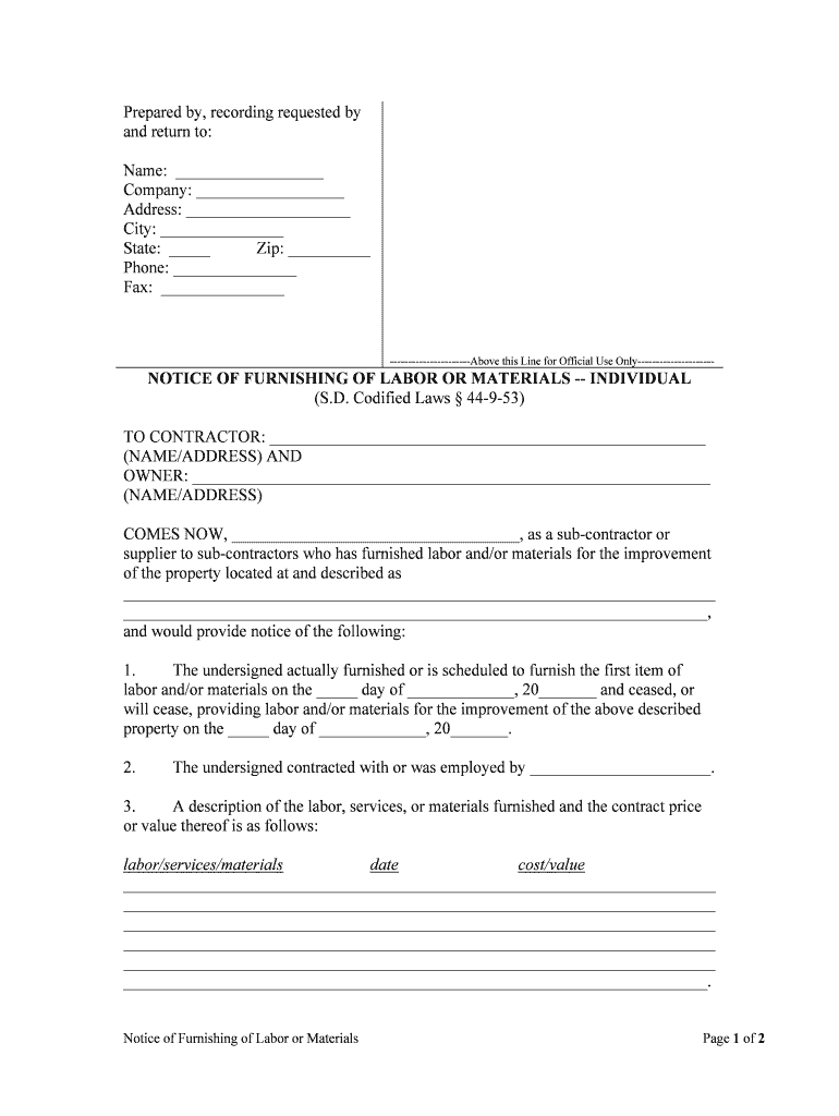 NOTICE of FURNISHING of LABOR or MATERIALS INDIVIDUAL  Form