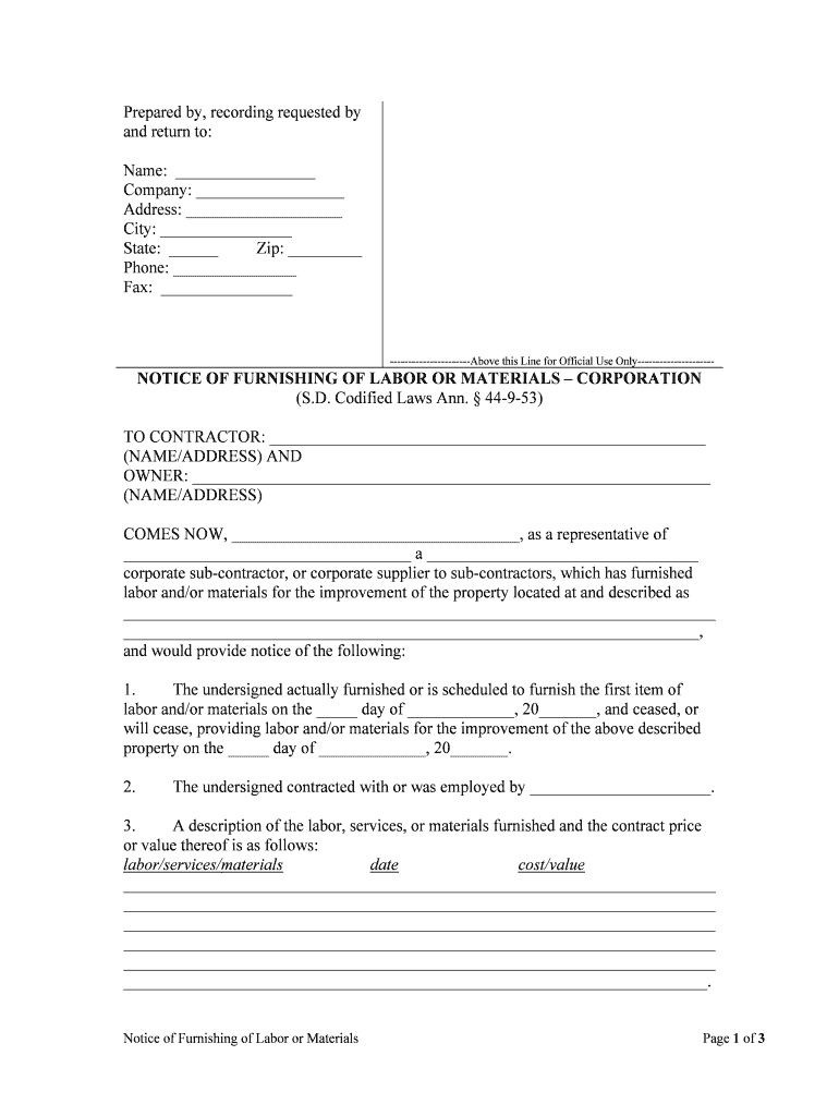 NOTICE of FURNISHING of LABOR or MATERIALS CORPORATION  Form