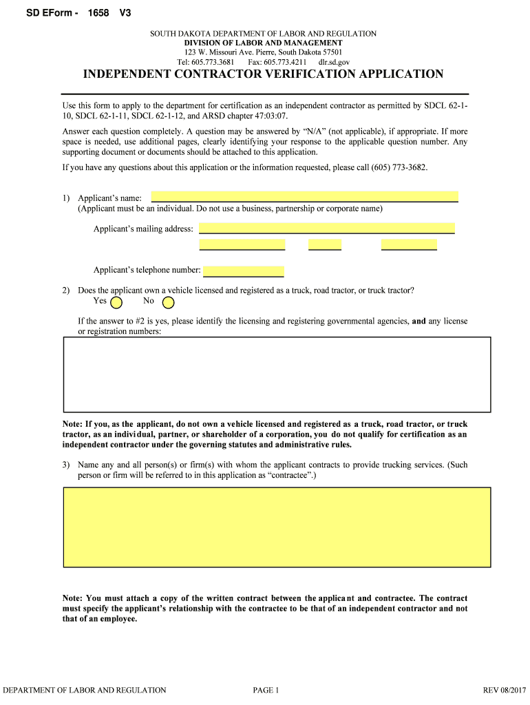 SD Form 1658 Download Fillable PDF, Independent Contractor