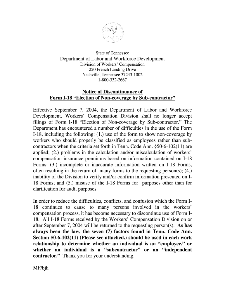 Notice of Discontinuance of Form I 18 Election of TN Gov
