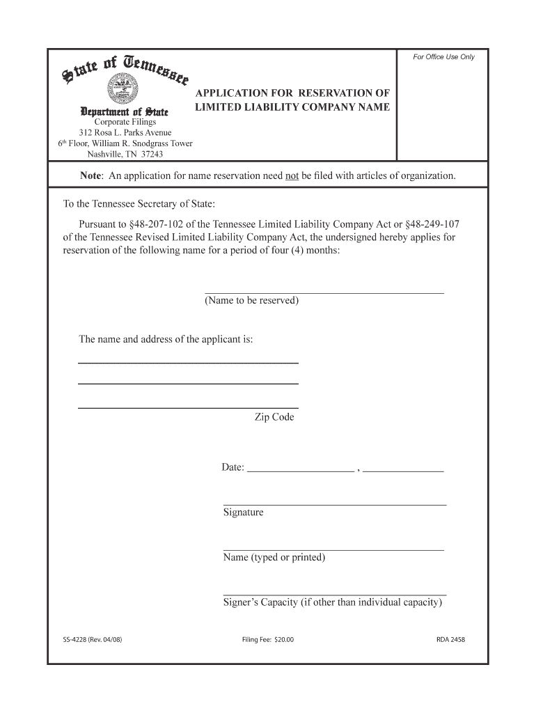 Application for Reservation of Name Ss 4228Tennessee  Form